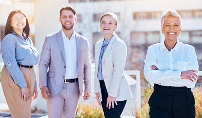 Image showing Portrait, group of happy business people at team building outside modern office and employees at creative start up. Diversity, happiness and smile, man and women with proud work leader at startup.