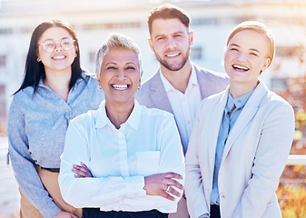 Image showing Smile, portrait of business people and team building outside office with happy employees at creative start up. Diversity, happiness and pride, man and women in outdoor picture together at workplace.