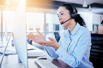 Image showing Call center, computer and online meeting with woman in office for customer service, technical support or help desk. Virtual, contact us and communication with employee for legal advice and operator