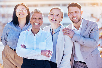 Image showing Happiness, business and team portrait of group of people outside office, happy and employees at creative startup. Diversity, teamwork or smile, man and women in outdoor picture together at workplace.
