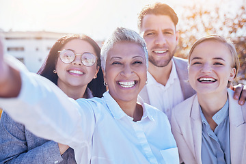 Image showing Selfie, happiness and woman boss with team outside office with happy business employees at creative start up. Diversity, group of people and smile, work friends in staff picture together at workplace