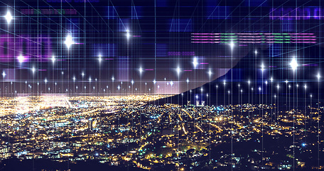 Image showing Data, network and digital with city at night for connection, cyber and cloud computing. Technology abstract, communication and futuristic with skyline of urban town for internet, media and light