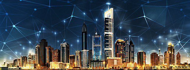 Image showing Big data, network and cyber with city at night for connection, wireless and cloud computing. Technology abstract, communication and futuristic with skyline of urban town for internet, media and light