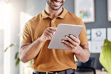 Image showing Tablet, hands and happy business man working on UX web design, app wireframe development or online software. SEO algorithm, web traffic statistics and person typing webdesign for website layout