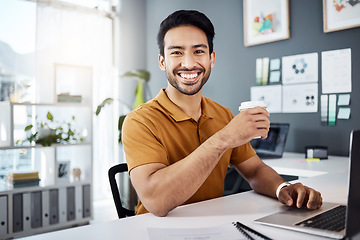 Image showing Morning portrait, coffee or happy man, office agent or consultant smile for career, job or project satisfaction. Tea cup drink, hydration or person with work happiness, entrepreneurship or confidence