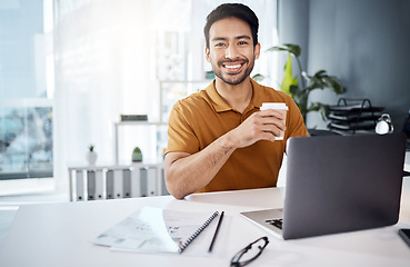 Image showing Portrait, business and Asian man with a smile, laptop and connection with coffee, startup and creativity. Face, male employee or entrepreneur with happiness, cappuccino and technology for new project