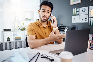 Image showing Phone call, stress and Asian man with glitch on laptop for 404 problem, mistake and error in office. Communication, business and male worker on computer talking, frustrated and consulting for help