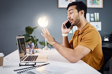 Image showing Phone call, explaining and man on laptop for creative proposal, website design and virtual or digital advice. Designer or person in online communication, talk on mobile or problem solving on computer