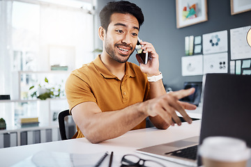 Image showing Phone call, happy and communication with a business man chatting while working at his desk in the office. Mobile, contact and planning with a young male employee chatting or networking for strategy