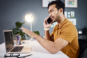 Image showing Phone call, frustrated and Asian man with problem on laptop with glitch, mistake and error in office. Communication, business and male worker on computer talking, confused and consulting for help