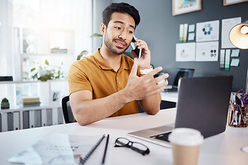 Image showing phone call, laptop and business man with creative discussion, virtual advice or website design proposal. Office communication of digital designer or person on computer, software and web development