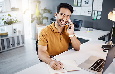 Image showing Happy man, phone call and office planning, business discussion and online chat for project on laptop. Excited Asian person or designer communication, writing notes or contact information on notebook