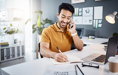 Image showing Phone call, happy and Asian man writing notes for reminder, schedule and planning at office desk. Communication, business and male worker on smartphone talking, in discussion and consulting for help