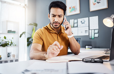 Image showing Phone call, confused and Asian man with problem in office for issue, mistake and error in office. Communication, business and male worker on smartphone talking, frustrated and consulting for help