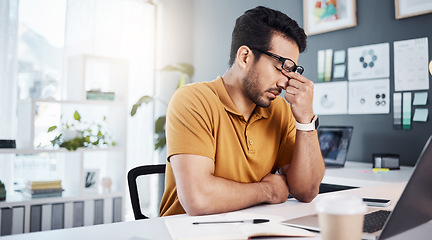 Image showing Headache, office burnout and man with mistake, pain or stress from software system error. Mental health, 404 laptop glitch and business person with depression, emergency or tension problem