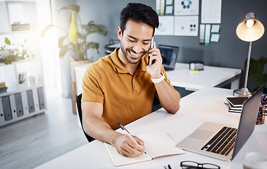 Image showing Happy man, phone call and writing notes for business planning, online project or creative development. Asian person or graphic designer talking in office communication, notebook planner and computer