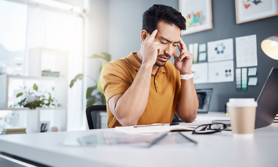 Image showing Problem, office burnout and business man with migraine, pain or stress from software system error. Mental health, 404 laptop glitch and person with depression, medical emergency or tension headache