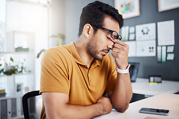 Image showing Headache, burnout and tired business man with migraine, pain or stress from workplace pressure. Mental health, anatomy crisis or depressed person with medical emergency, depression or tension problem