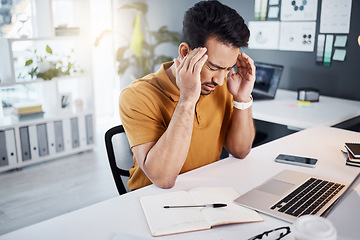 Image showing Headache, office burnout and business man with migraine, pain or stress from software system error. Mental health, 404 laptop glitch and person with depression, medical emergency or tension problem