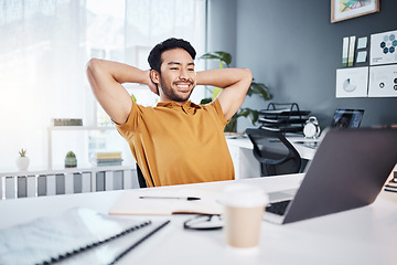 Image showing Office laptop, relax and happy man finished with social media research, creative web design or e commerce. Pride, rest and business worker done with project, report or online analysis of website data