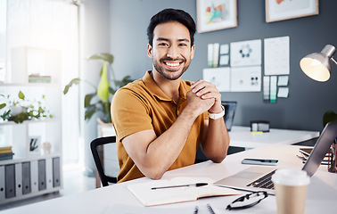 Image showing Confidence, success and portrait of a businessman in the office while working on project with laptop. Happy, smile and professional male employee planning corporate report with computer in workplace.