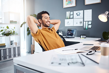 Image showing Business, employee and Asian man relax, thinking and ideas for new project, productivity and happiness. Entrepreneur, creative and happy male person with a smile, creativity and thoughts for planning