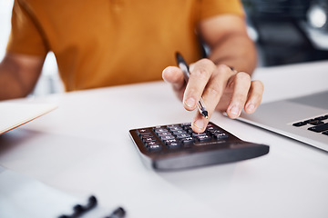 Image showing Calculator, budget and man hands with finance, profit check and financial accounting on office desk closeup. Person or entrepreneur typing and calculating numbers in taxes, debt or business growth