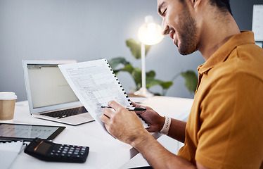 Image showing Finance, documents and calculator of business man with taxes, accounting and profit, revenue or growth review. Numbers, invoice check and accountant, entrepreneur or person with financial paperwork