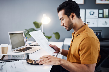 Image showing Documents, calculator and business man reading financial accounting paperwork, budget funding or finance assessment. Bookkeeping administration, calculating and male accountant review banking numbers