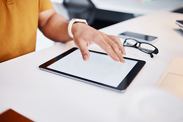 Image showing Tablet mockup, screen and man hands working on advertising copy space, system development or brand promotion. UI software, logo mock up or business person typing web search, online review or research