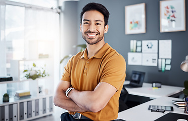 Image showing Office portrait, arms crossed and business man, worker or happy for career, job agency or work satisfaction. Professional, pride and Asian person with startup happiness, entrepreneurship or success