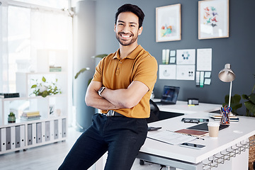 Image showing Office portrait, arms crossed and happy man, agent or consultant smile for career, job or workplace satisfaction. Business, professional or relax Asian person with happiness, commitment or confidence