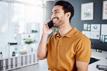 Image showing Office phone call, happy or business man talking, speaking on networking conversation with communication contact. Professional, happiness or consulting person smile on mobile smartphone discussion