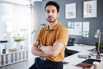 Image showing Serious portrait, crossed arms or business man, designer or expert confidence in career, job or professional commitment. Agency pride, service vocation or Asian person with start up entrepreneurship