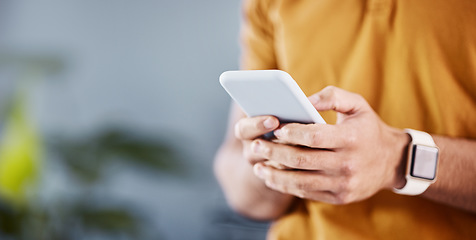 Image showing Phone, communication and hands of man typing, networking and search website, app or online social media. URL internet mockup, mobile smartphone and person texting, message or contact cellphone user