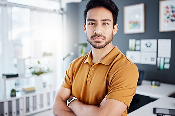 Image showing Manager portrait, crossed arms and serious man with office career focus, commitment or mission. Professional CEO, creative agency and Asian male designer with pride, entrepreneurship or confidence