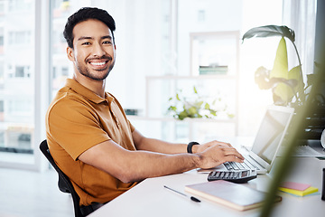 Image showing Portrait, office or happy man typing business report for financial portfolio, budget analysis or finance assessment. Accounting administration, economy or male accountant work on credit score balance