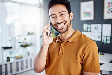 Image showing Office phone call, portrait or happy man talking, consulting or networking conversation with business contact. Communication, happiness or speaking Asian person smile on mobile smartphone discussion