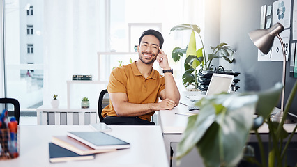 Image showing Office smile portrait, business and happy man, bookkeeper or consultant relax after accounting work. Leaning on desk, bookkeeping or Asian person satisfaction with happiness, career growth or success