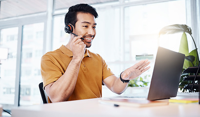 Image showing Customer service, laptop and happy business man talking on contact us, telemarketing or online telecom. Communication consultant, tech or Asian person in call center consulting for technical support