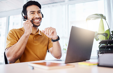 Image showing Customer service headset, laptop or happy man talking on contact us CRM, telemarketing or online call center. Communication, technology or Asian consultant in telecom consulting for technical support