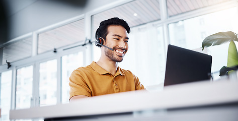 Image showing Call center, laptop video call and happy man talking for contact us, communication or ecommerce. Telemarketing sales pitch, e commerce callcenter or male consultant working on online webinar support