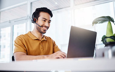 Image showing Laptop, man and customer support consultant in office doing research on a crm strategy. Professional, smile and male call center or telemarketing agent working on an online consultation with computer