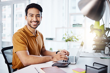 Image showing Business office portrait, laptop or happy man typing accounting report, financial portfolio or budget assessment. Bookkeeping, finance analysis or male accountant work on digital payroll spreadsheet