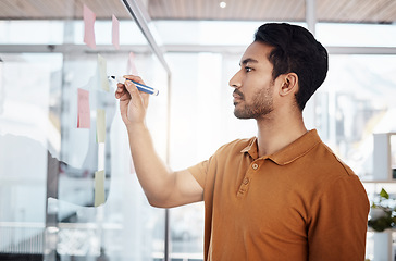 Image showing Writing, planning and focused man on glass for project management, moodboard and business priority planner. Asian person brainstorming ideas, job management and sticky notes for solution or reminder