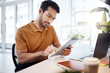 Image showing Tablet, office focus and man reading web research, customer experience feedback and online app analysis. Multimedia project, professional male editor and agent working on editing social media post