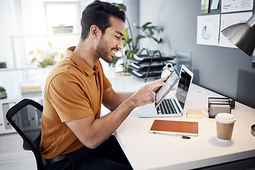 Image showing Tablet typing, business office analysis and happy man reading article, online media blog or social network review. Editing, male editor and journalist work on news post, web content or email feedback