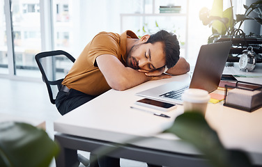 Image showing Tired, business man and sleeping at desk in office with burnout risk, stress problem and nap for low energy. Fatigue, lazy and depressed male employee with anxiety, overworked and bored in workplace