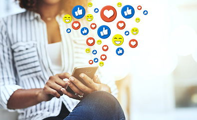 Image showing Hands, social media icon or woman with phone for communication, texting or online dating chat. Post, overlay or girl on mobile app website or digital network with happy, like or heart emoji closeup