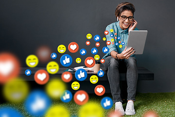 Image showing Office, social media icon or happy woman with tablet for communication, texting or online dating chat. Funny, meme or girl on mobile app website or digital network with smile, like or heart emoji